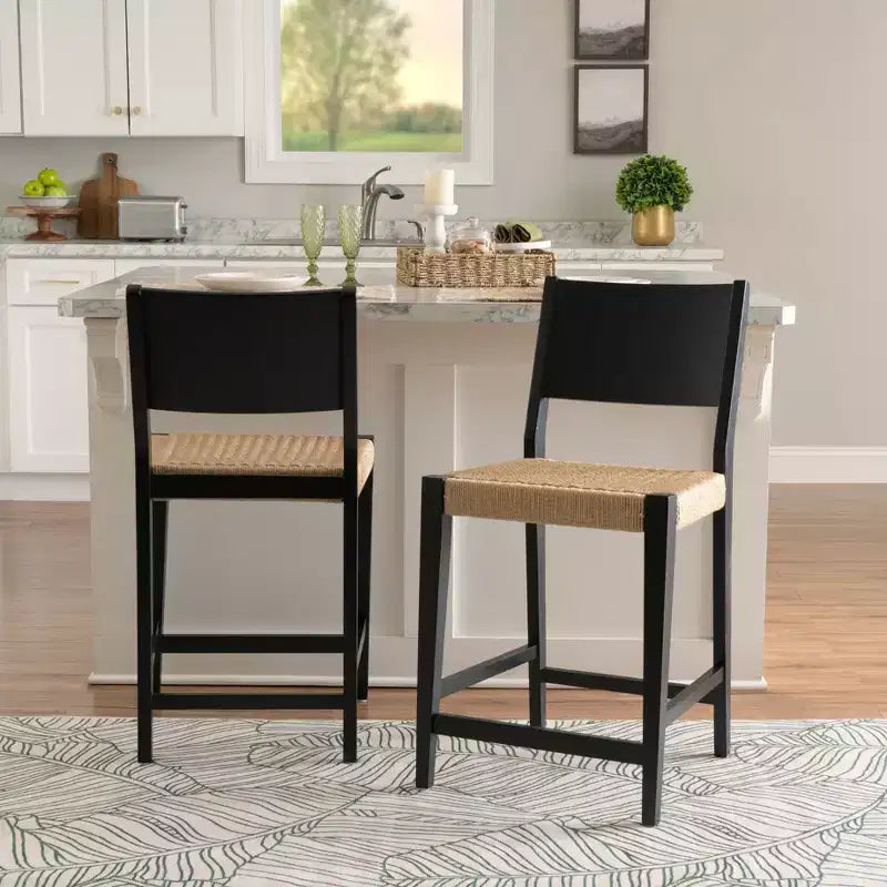 Set of 2 Counter Height Barstools – Rope Seat, Rubberwood, Matte Black, 24" Seat
