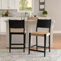 Set of 2 Counter Height Barstools – Rope Seat, Rubberwood, Matte Black, 24" Seat
