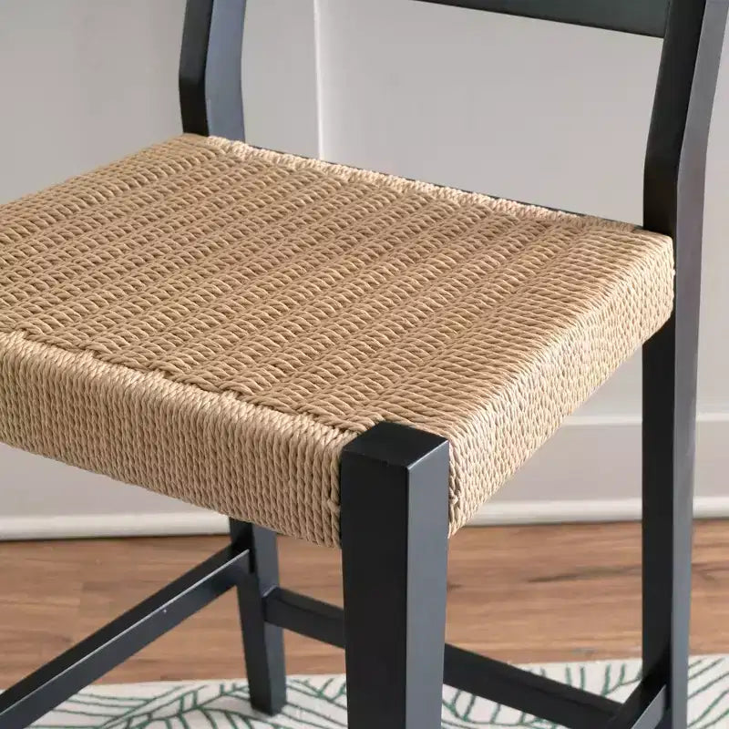Set of 2 Counter Height Barstools – Rope Seat, Rubberwood, Matte Black, 24" Seat