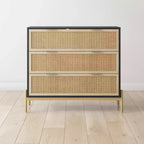 Cassettiera a 3 cassetti in Rattan – Nero e Rovere Chiaro, Contenitore per Camera da Letto Bohemien