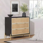 Cassettiera a 3 cassetti in Rattan – Nero e Rovere Chiaro, Contenitore per Camera da Letto Bohemien