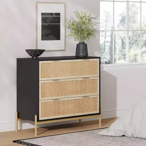 Cassettiera a 3 cassetti in Rattan – Nero e Rovere Chiaro, Contenitore per Camera da Letto Bohemien