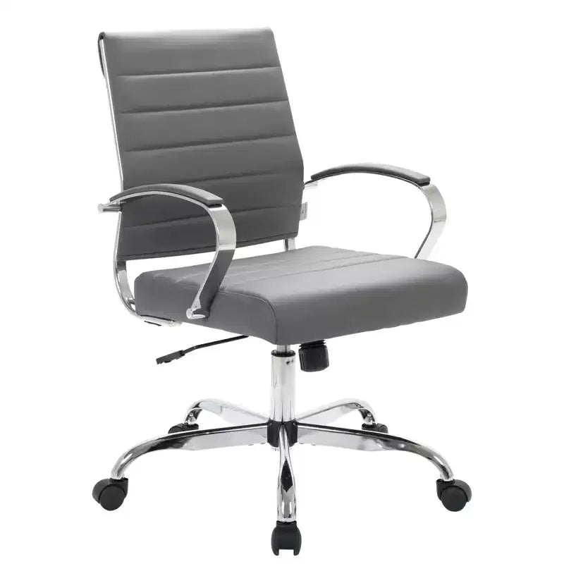 Sedia da ufficio Mid-Century Modern in pelle a coste – Girevole, inclinabile e con base cromata