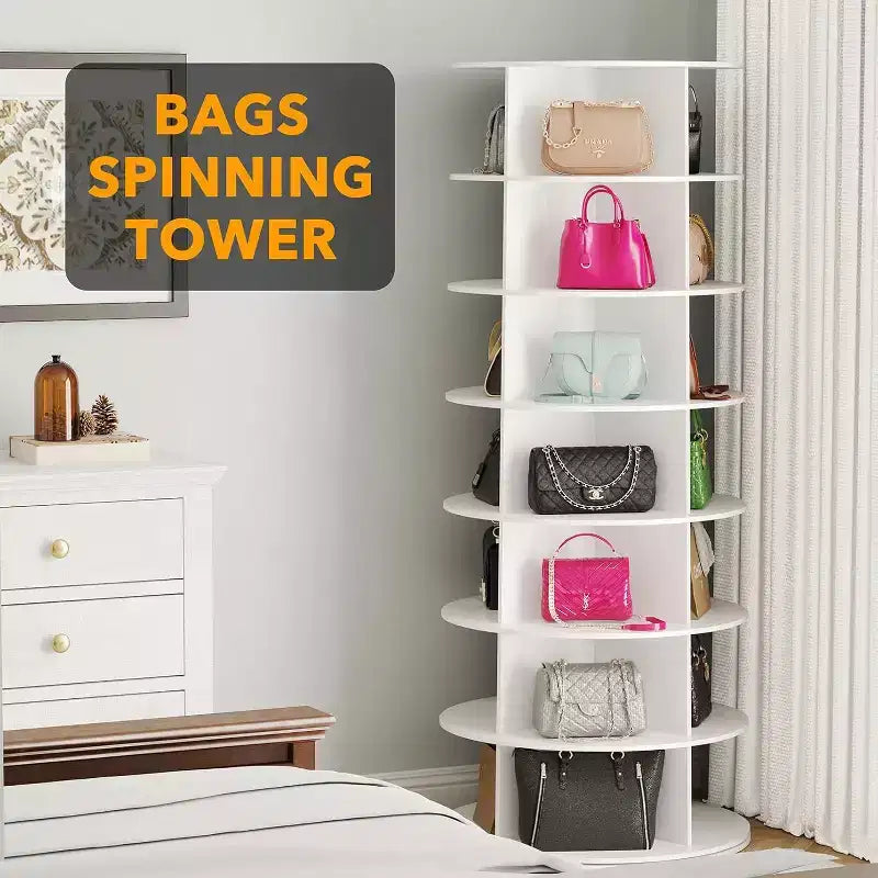 7 Tier Rotating Shoe Rack Tower, Revolving Shoe Rack Storage, Round Carousel Vertical Handbag and Shoe Organizer ,White