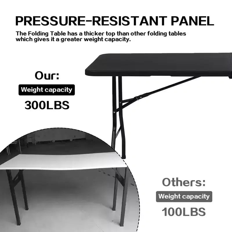 6 Foot Portable Folding Table HDPE Plastic Indoor Outdoor Fold-in-Half Black Seats 8 to 10
