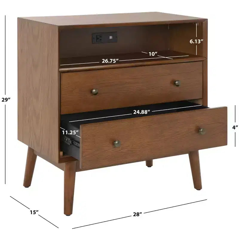 2-Drawer 1-Shelf Chest with USB Charging – Medium Oak & Antique Gold