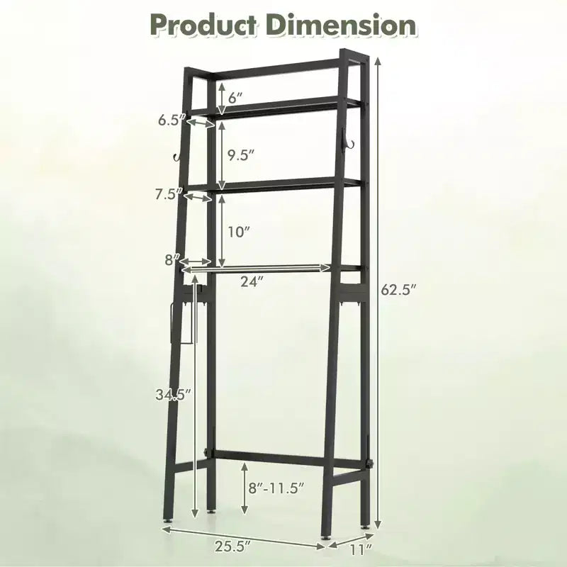 Costway Over The Toilet Storage Shelf 3-Tier Free Standing Above Toilet Rack Stand 2 Side HooksWhite/Black