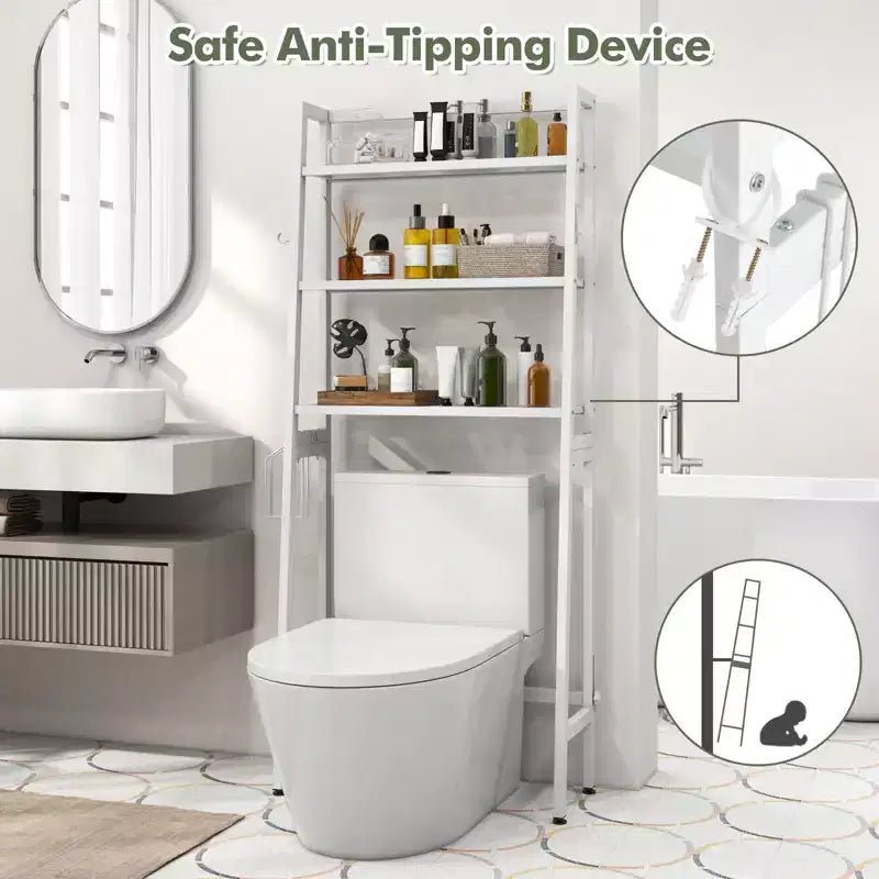 Costway Over The Toilet Storage Shelf 3-Tier Free Standing Above Toilet Rack Stand 2 Side HooksWhite/Black
