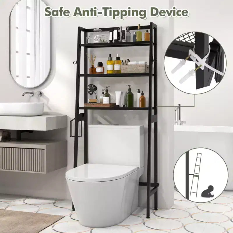 Costway Over The Toilet Storage Shelf 3-Tier Free Standing Above Toilet Rack Stand 2 Side HooksWhite/Black