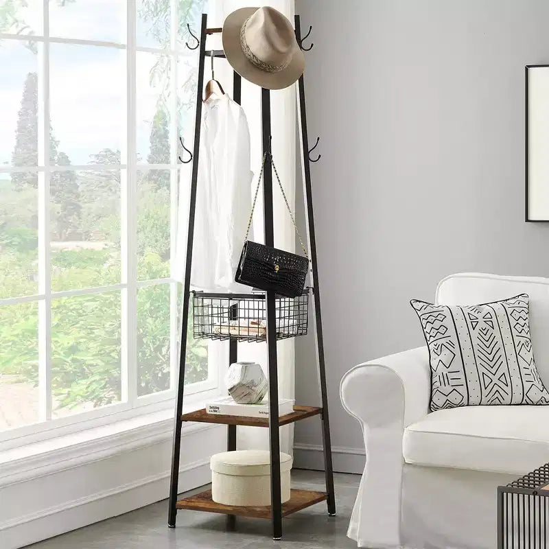 Freestanding Industrial Coat Rack with Metal Basket, 2 Shelves & 8 Dual Hooks