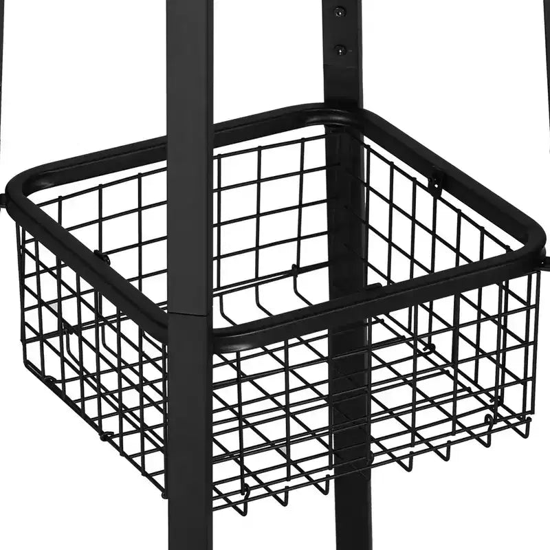 Freestanding Industrial Coat Rack with Metal Basket, 2 Shelves & 8 Dual Hooks