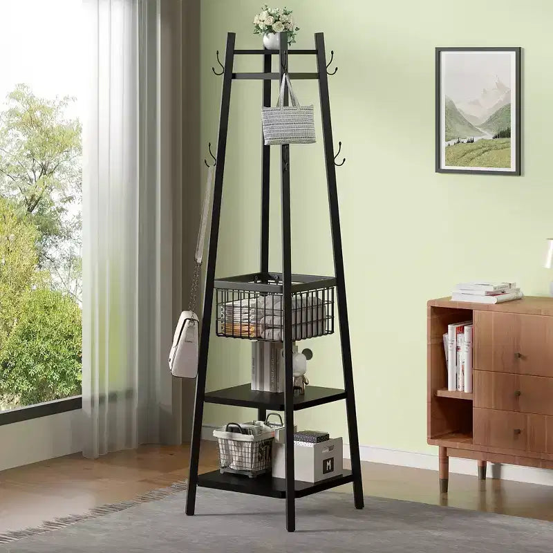 Freestanding Industrial Coat Rack with Metal Basket, 2 Shelves & 8 Dual Hooks