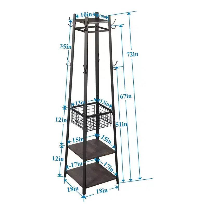 Freestanding Industrial Coat Rack with Metal Basket, 2 Shelves & 8 Dual Hooks