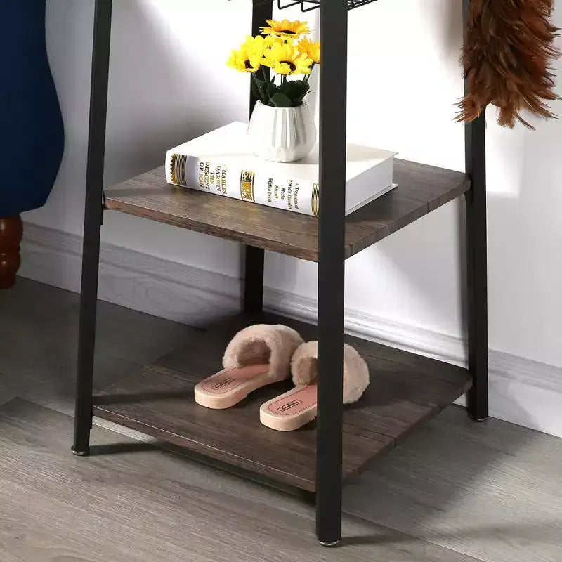 Freestanding Industrial Coat Rack with Metal Basket, 2 Shelves & 8 Dual Hooks