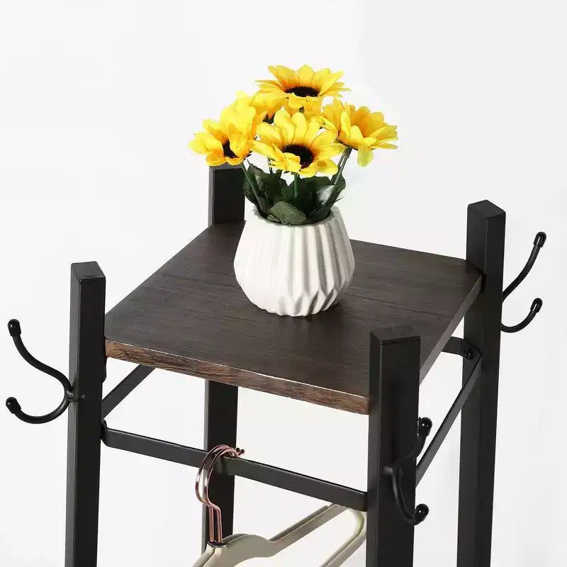 Freestanding Industrial Coat Rack with Metal Basket, 2 Shelves & 8 Dual Hooks