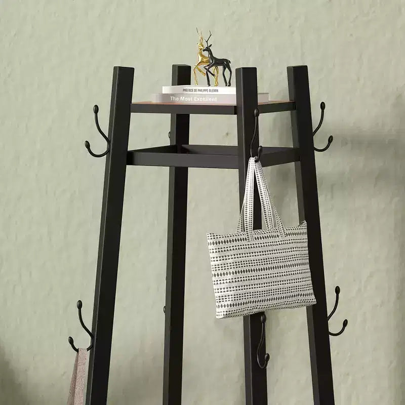 Freestanding Industrial Coat Rack with Metal Basket, 2 Shelves & 8 Dual Hooks