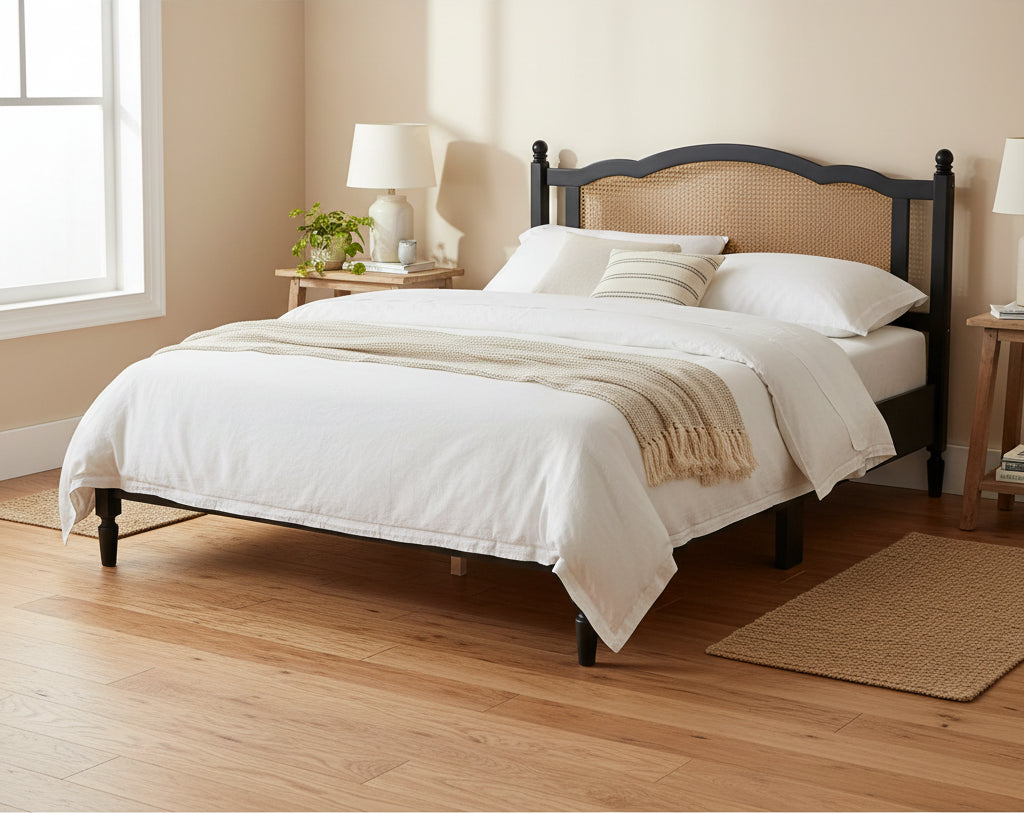 Queen/Full Wooden Platform Bed with Natural Rattan Headboard – Vintage Style
