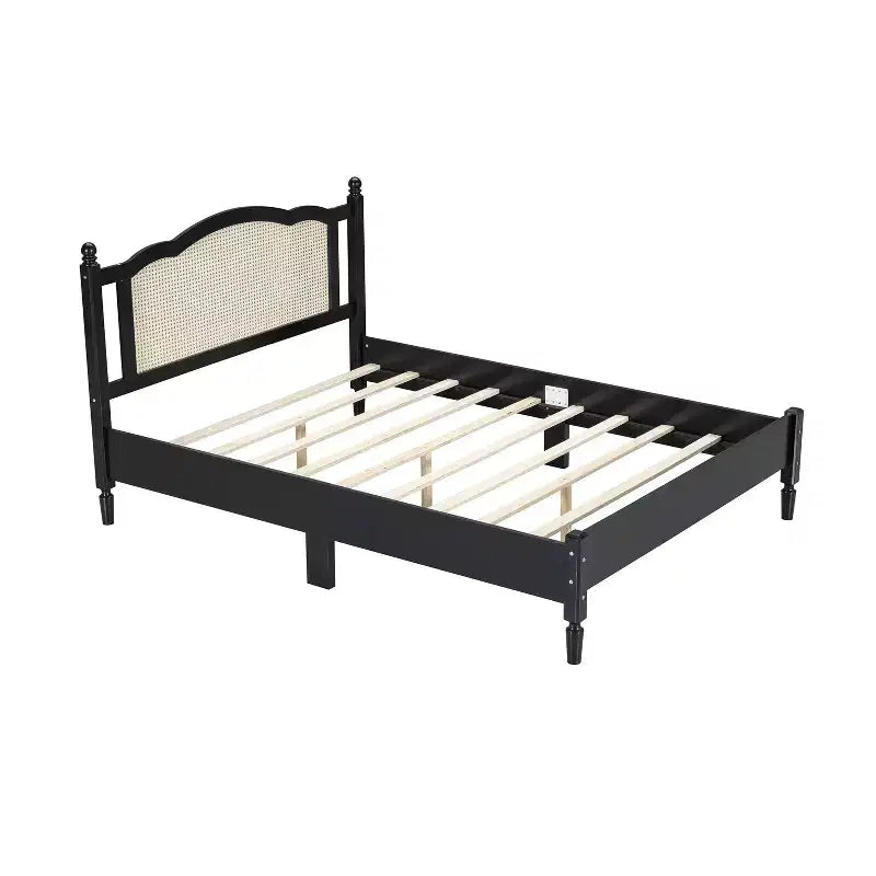 Queen/Full Size Wooden Platform Bed with Natural Rattan Headboard, Vintage Bed Frame with Wooden Slat Support 4B - ModernLuxe