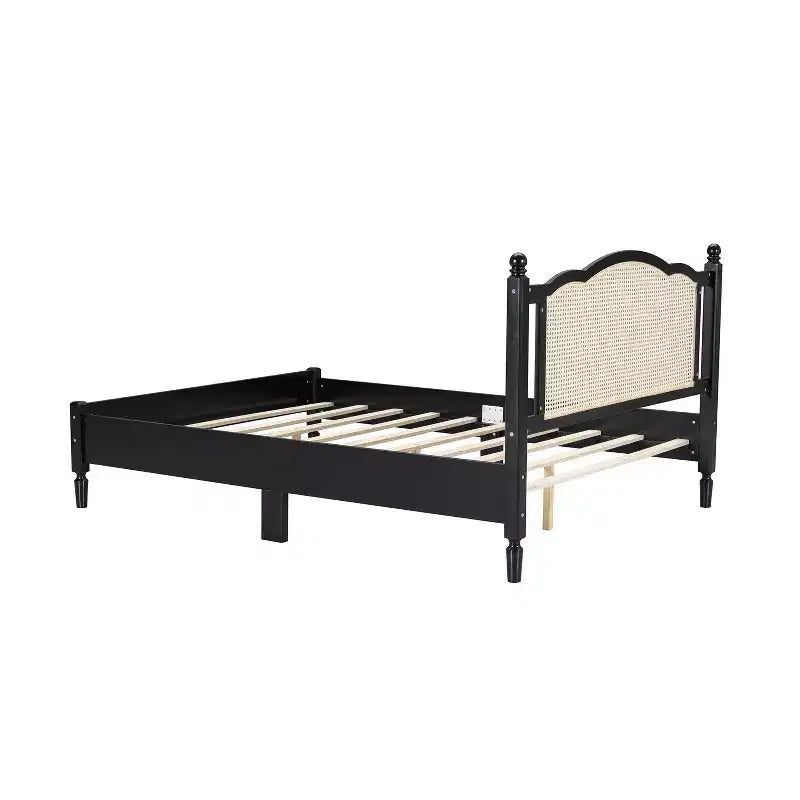Queen/Full Size Wooden Platform Bed with Natural Rattan Headboard, Vintage Bed Frame with Wooden Slat Support 4B - ModernLuxe