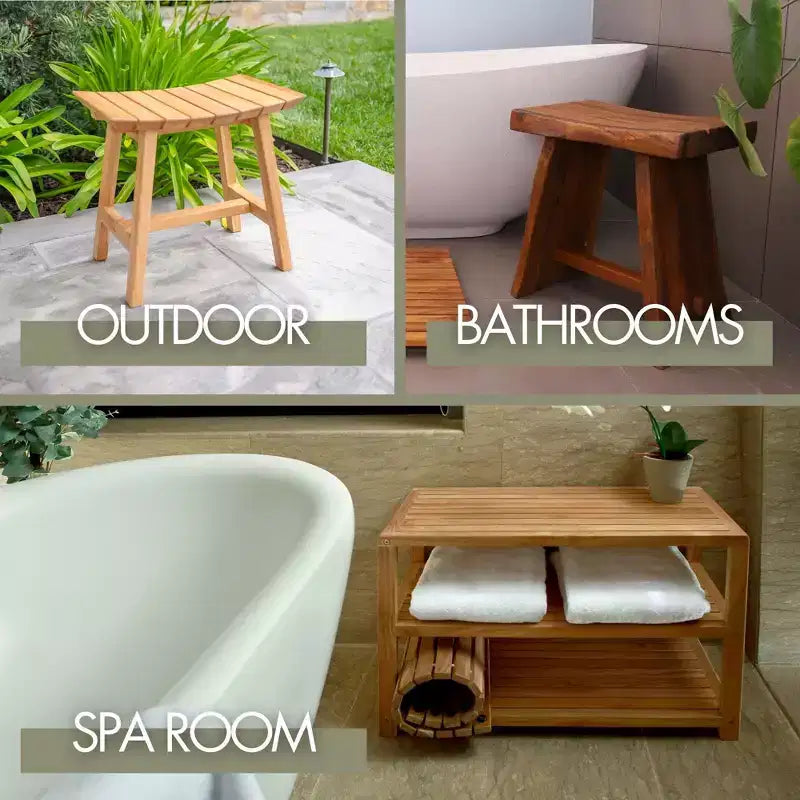 Nordic Teak Natural Shower and Bath Stool with Curved Seat and Shelf - Beige