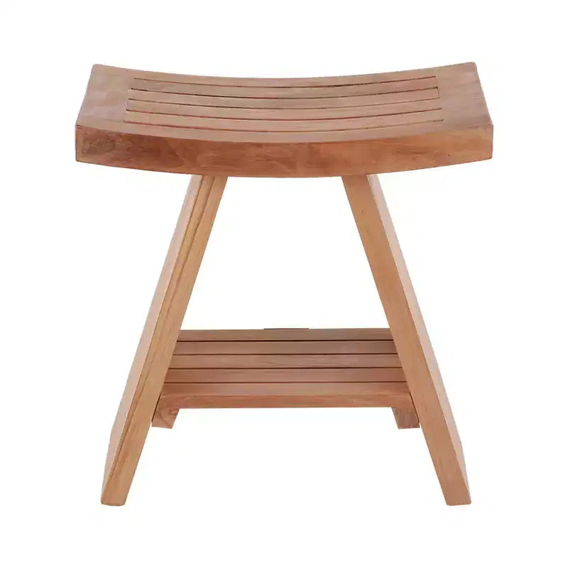 Nordic Teak Natural Shower and Bath Stool with Curved Seat and Shelf - Beige