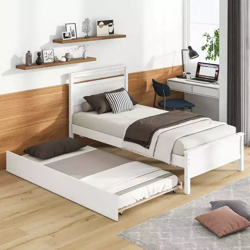 Costway Twin Size Platform Bed with Trundle Pull-out Trundle Headboard & Footboard Gray/White