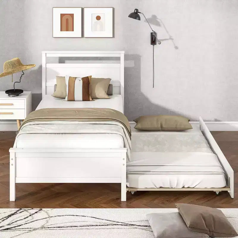 Twin Size Platform Bed with Pull-Out Trundle, Headboard & Footboard – Gray/White