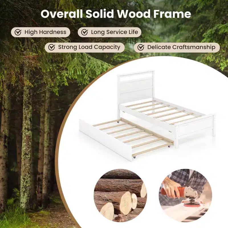 Costway Twin Size Platform Bed with Trundle Pull-out Trundle Headboard & Footboard Gray/White