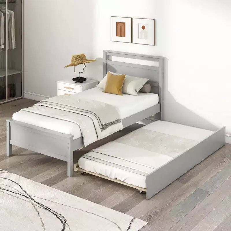 Twin Size Platform Bed with Pull-Out Trundle, Headboard & Footboard – Gray/White