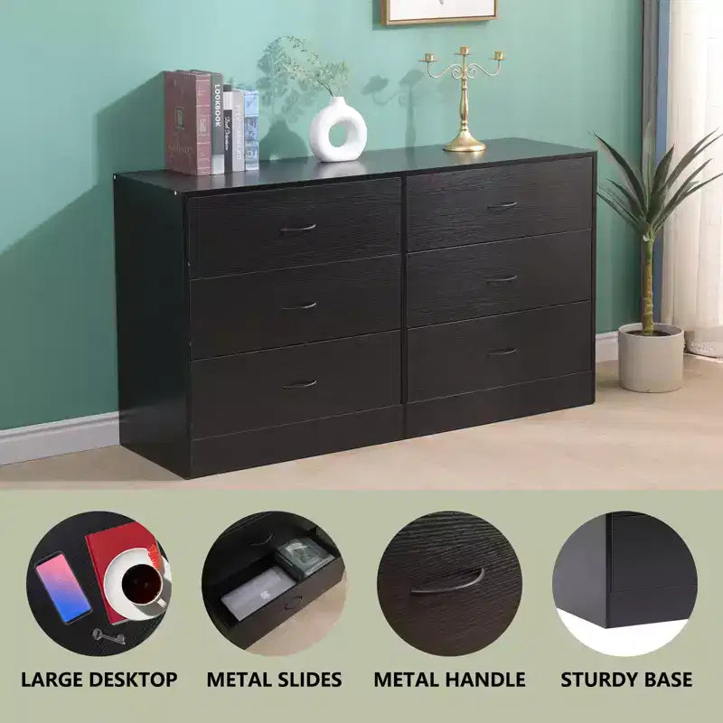 6 Drawer Dresser for Bedroom Wide Modern Chest of Drawers Steel Frame MDF Storage Black