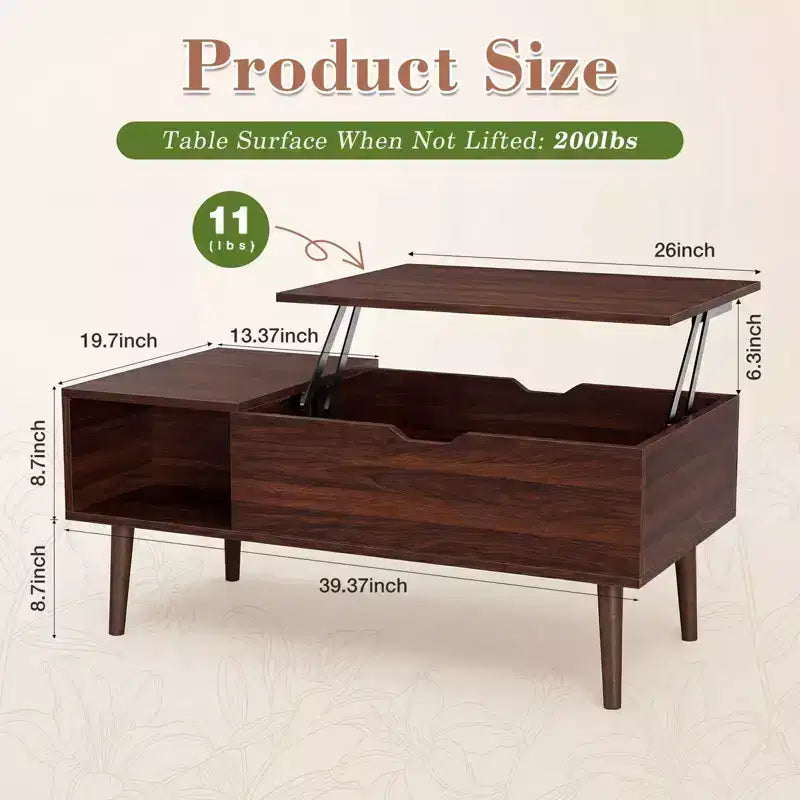 Lift Top Coffee Table with Hidden Storage – Wood Top, Metal Legs, Black