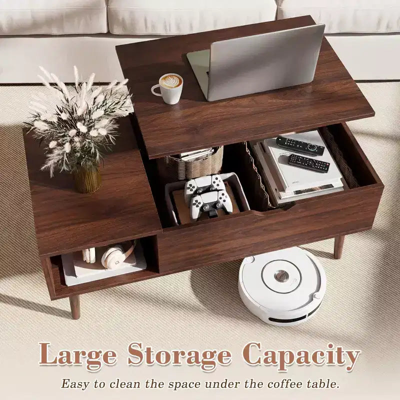 Lift Top Coffee Table with Hidden Storage – Wood Top, Metal Legs, Black