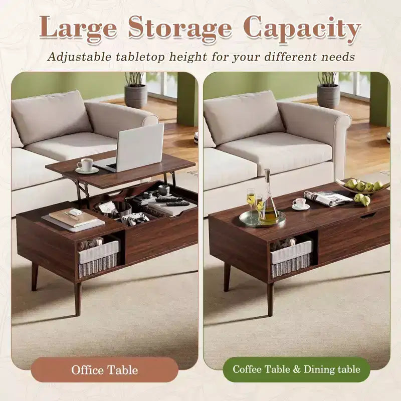 Lift Top Coffee Table with Hidden Storage – Wood Top, Metal Legs, Black