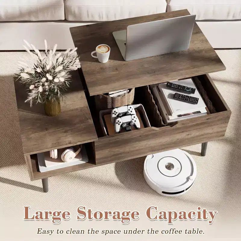 Lift Top Coffee Table with Hidden Storage – Wood Top, Metal Legs, Black