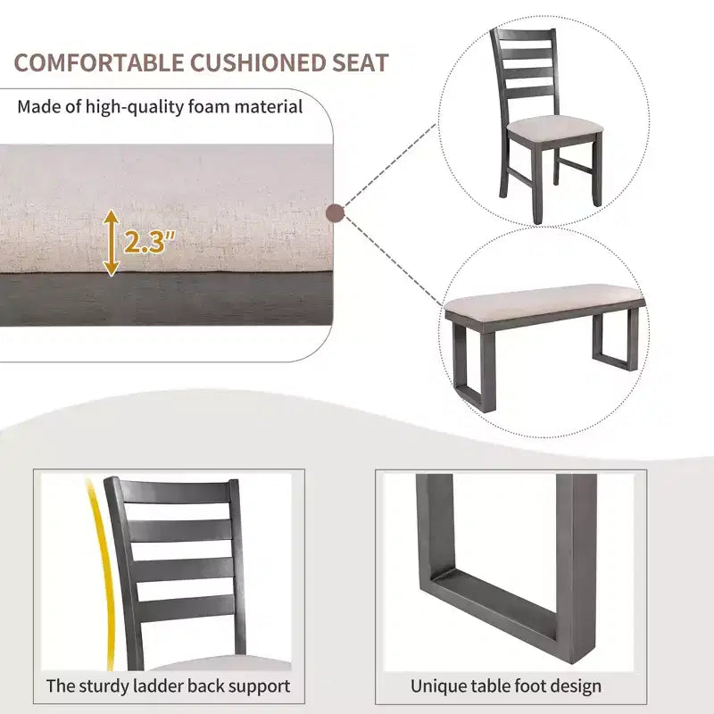 6-Piece Dining Table Set with 4 Chairs & Bench – Gray, Seats 6