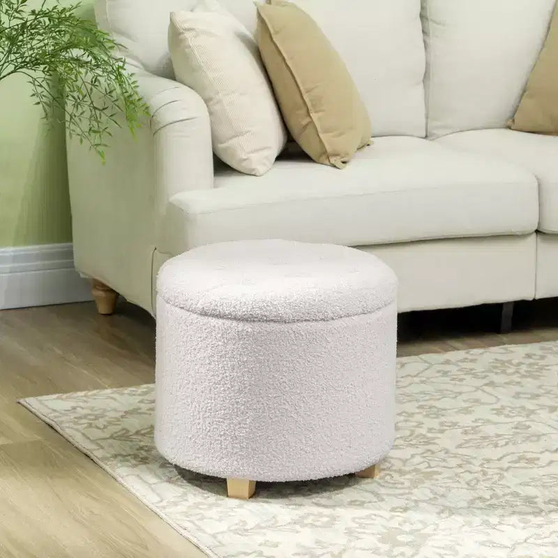 18" Round Storage Ottoman – Teddy Fleece, Button Tufted, Wood Legs